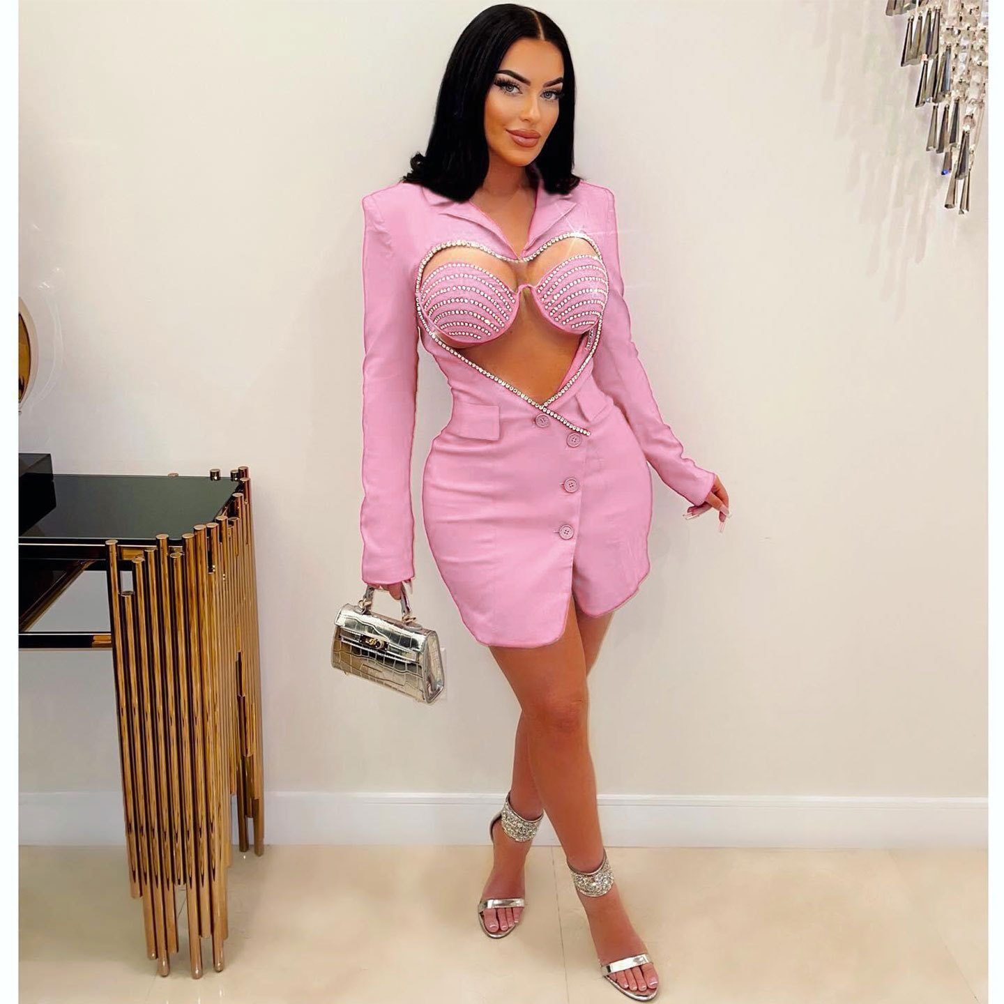 Women's Clothing Slim Fit Two Piece Set Style Sexy Solid Color Bodycon Suit With Rhinestone Heart Shaped Design For Women_voghion.com