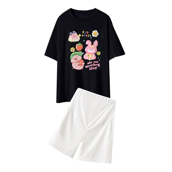 Black T-shirt, white trousers