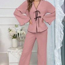 女士家居服长袖睡衣套装纯色优雅宽松休闲蝴蝶系带居家2件套