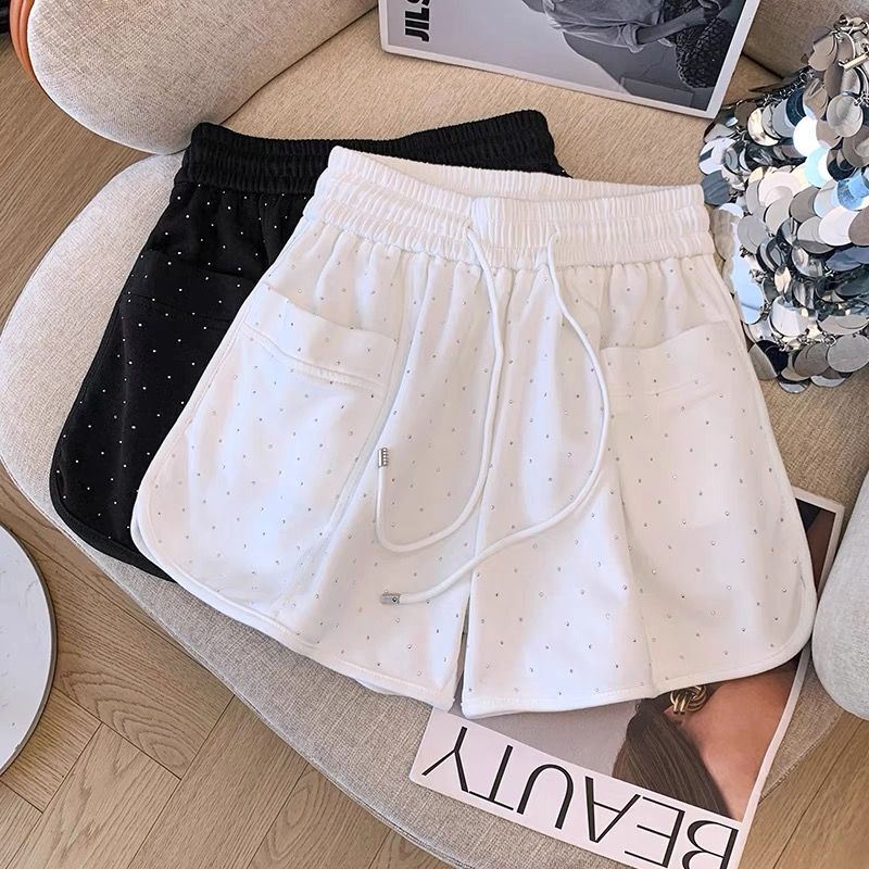 Black Rhinestone Embellished Heavy-Duty Shorts for Women, New Summer Style, Elastic High-Waist Drawstring, Thin Loose Wide-Leg Sports Hot Pants Black Rhinestone Embellished Heavy-Duty Shorts for Women, New Summer Style, Elastic High-Waist Drawstring, Thin Loose Wide-Leg Sports Hot Pants