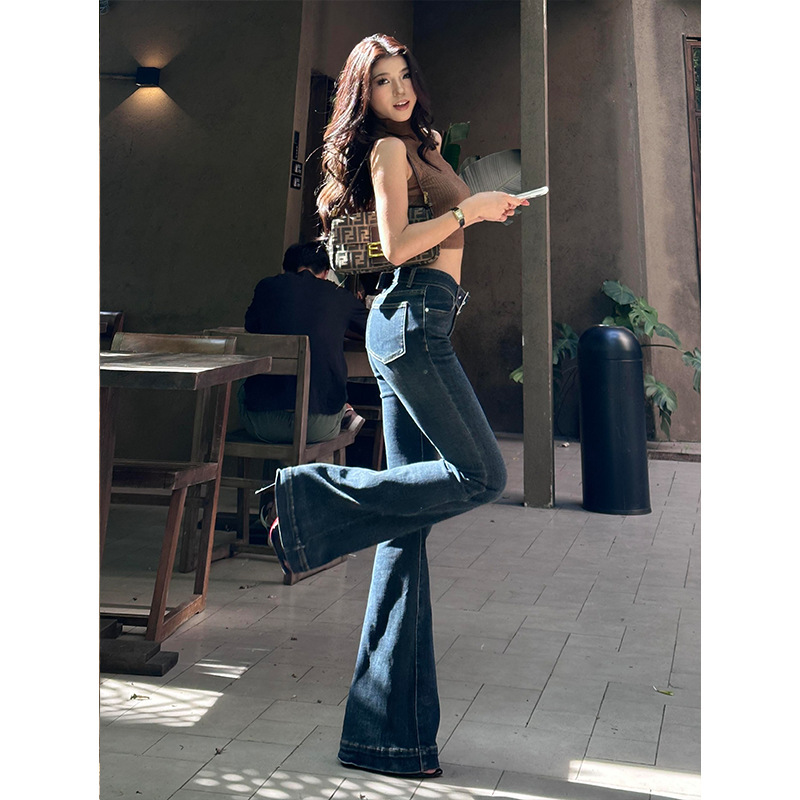 Slim Tall Dark Blue 175 Floor-Length Flared Jeans for Women, Autumn and Winter, Slimming Low-Waist Stretch Extended Length