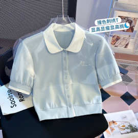 实拍娃娃领撞色假两件上衣夏季新款百搭设计感女小众气质上衣