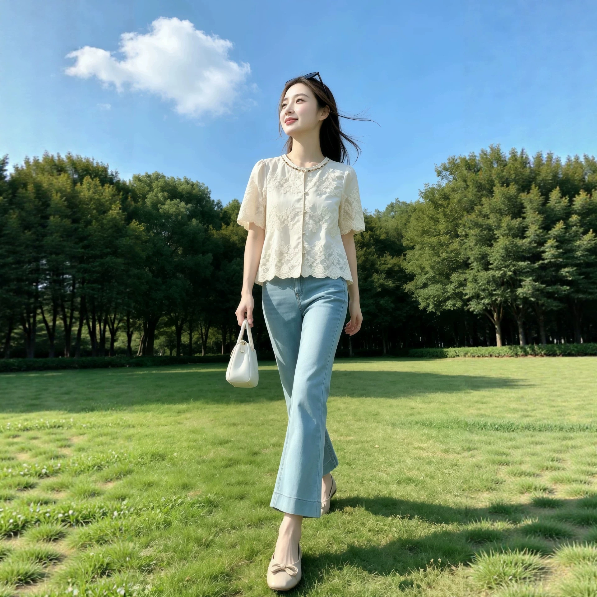 Áo sơ mi nữ tay ngắn ren thêu cao cấp, phối đính cườm, form suông nhẹ — màu trắng ngà chi tiết 4