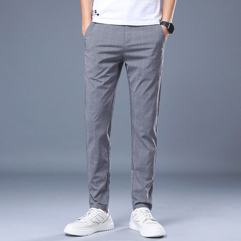 天猫品质夏季薄款休闲裤韩版格子小西裤长裤子直筒修身男裤青少年