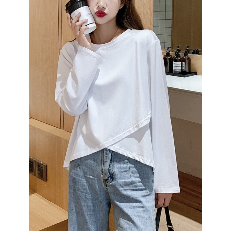 White Cotton Long-Sleeve T-Shirt for Women, Super Popular on Instagram, Loose Fit, Spring and Autumn Base Layer, Niche Basic Versatile Slim-Fit Undershirt, Trendy