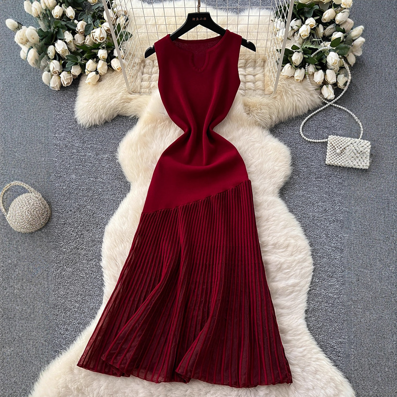 Carefully Selected High-End Knitted Splicing Asymmetric Mesh Dress Summer French Women's Waist-Revealing Sleeveless Long Dress
