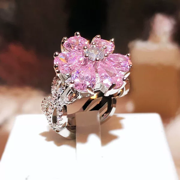Cross-Border Hot-Selling Fashion Light Luxury Pink Heart-Shaped Zircon Ring for Women, Sweet Super Sparkling Pink Diamond Flower Ring Jewelry