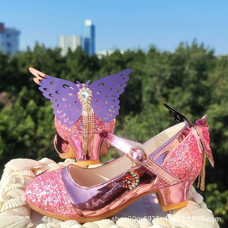 Новогодняя обувь принцессы для девочек, детская обувь на высоком каблуке с платьем, модная корейская модная обувь из иностранной кожи с кристаллами, золотой прилив