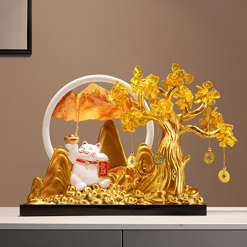 新中式发财树招财猫流沙画摆件店铺前台收银台开业礼物乔迁装饰品|undefined