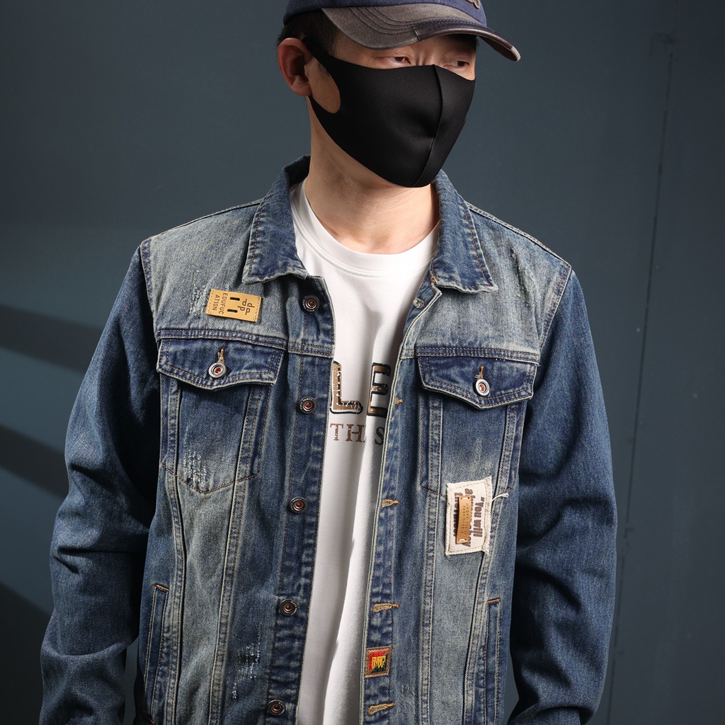 Men's Heavy Denim Jacket Retro Casual Washed Printed Trucker Coat_voghion.com