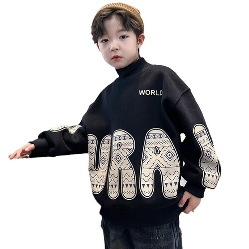 Boys' Padded Crew Neck Sweatshirt Half High Collar Autumn/Winter 2024 New Arrival Large Children Winter One-piece Fleece Thick Top Stylish Trendy