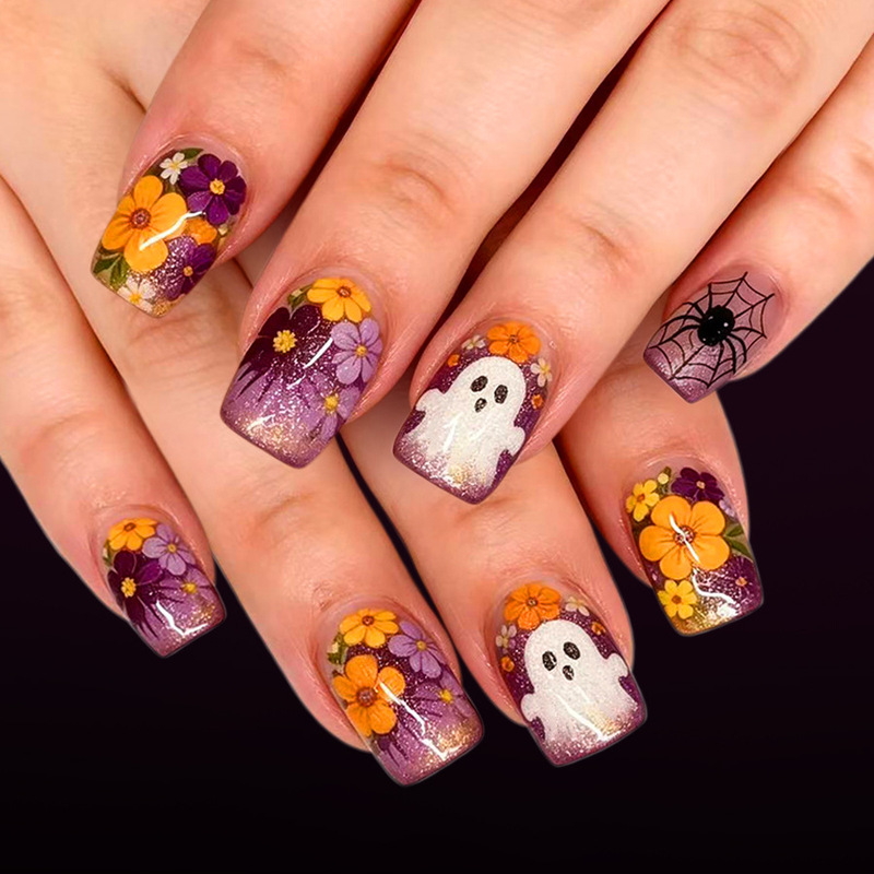 Short, shiny square nails with colorful flowers, cute ghost, spider, spider web, glitter, Halloween press-on nails, 24 pieces Short, shiny square nails with colorful flowers, cute ghost, spider, spider web, glitter, Halloween press-on nails, 24 pieces