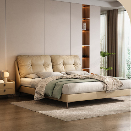 Italian minimalist leather bed 1.8 meters master bedroom double bed 1.5 meters small apartment soft bed high-end cowhide bed 