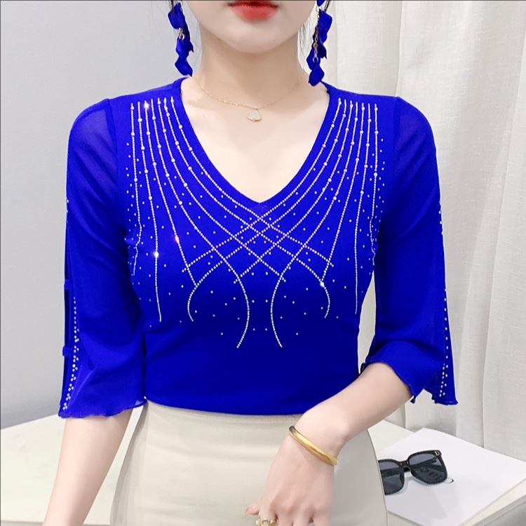 2025 verano nuevo estilo de malla de moda split hot shots wild skinny de siete cuartos de manga top femenino T-shirt tendencia image 5