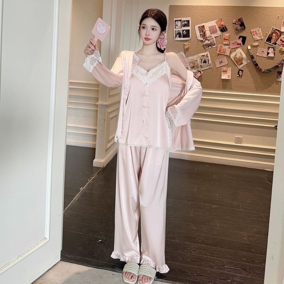 French Pajamas New Sling suit Spring New Pajamas Three-piece Set Sexy Pure Lace Home Clothes Women