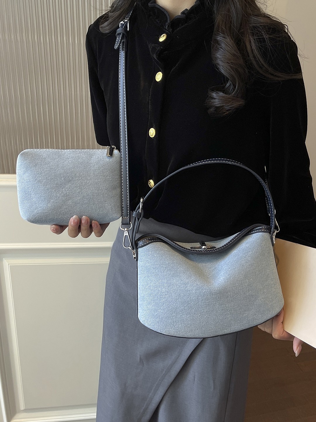 Bolsa de mano de denim coreana simple 2026 nueva moda alta textura extranjera versátil mochila de hombro