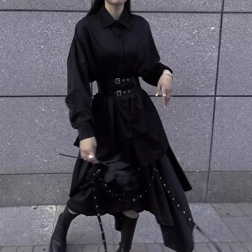 Mens Spring and Autumn Half-Body Skirt, High-Waisted Irregular Yamamoto Design, Dark Black Style Long Dress for Women, Retro