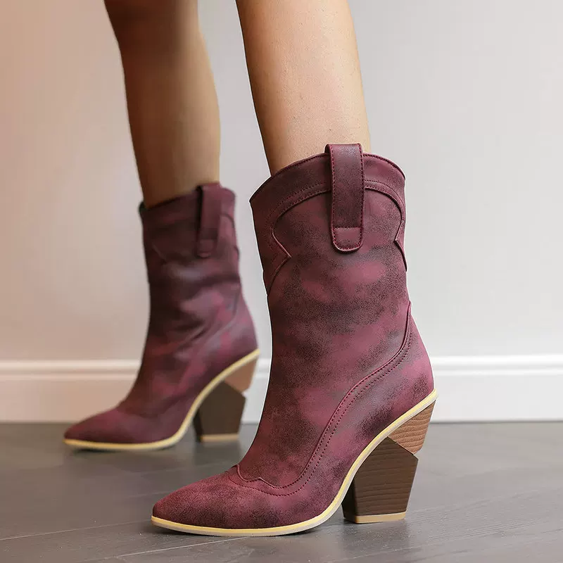 Denim boots pointy toe high heels, mid-length