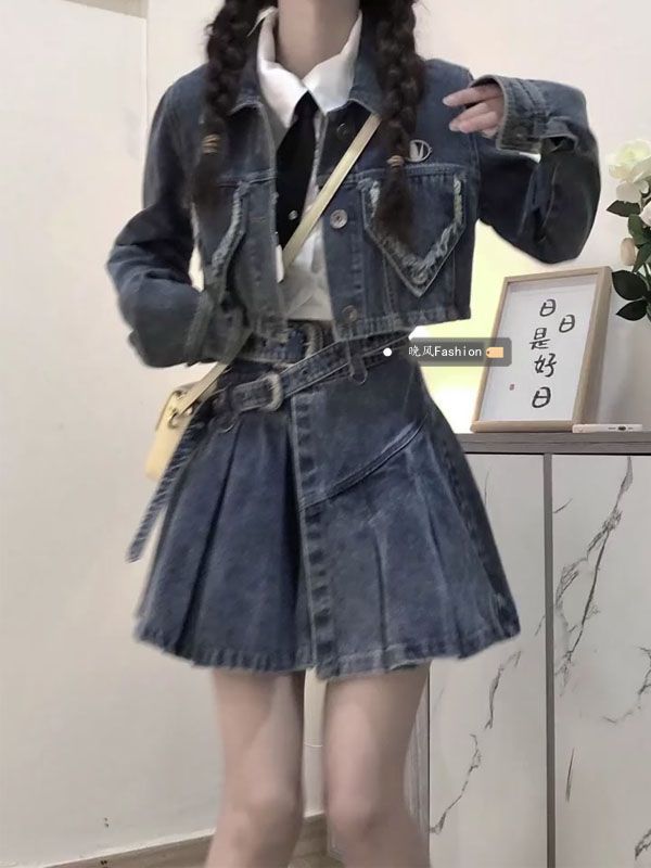 ChicShe Set da donna in stile retrò americano con giacca estiva e gonna in denim a vita alta_voghion.com