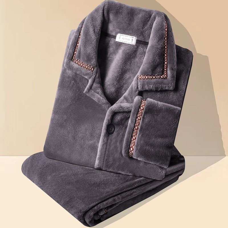 남성 산호 벨벳 잠옷 가을, 겨울 새로운 두꺼운 벨벳 따뜻한 긴팔 플란넬 가정 의류 정장 겨울