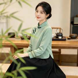 新中式国风套装女改良旗袍上衣2026秋季民国盘扣茶服阔腿裤两件套
