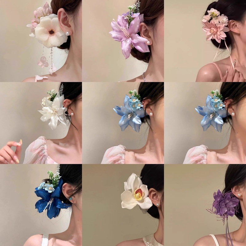 春夏の雰囲気の模擬花のヘアピン、美しいサイドヘッドドレス、ヘアアクセサリー、海辺の写真撮影、高級ヘアピン|undefined