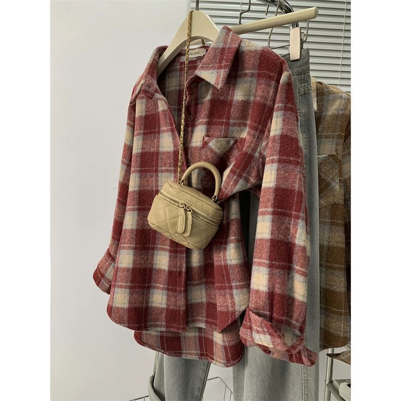 Thickened Brushed Plaid Shirt for Women 2025 New Japanese Style Design Retro Loose Style Layered Shirt Jacket