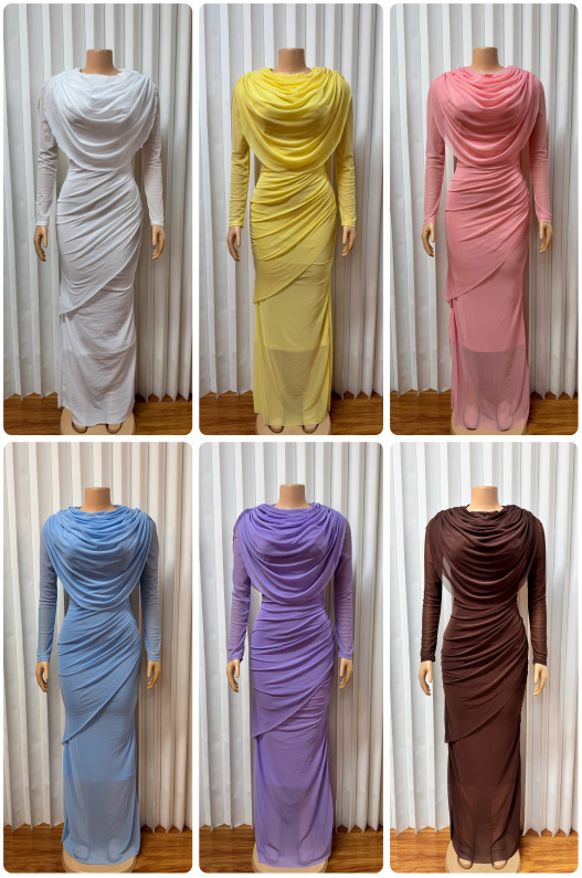 Elegant Mesh Draped Bodycon Midi Dress For Parties & Evening Events | Flattering High-Waist Design With Long Sleeves | Women's Fashion Cocktail Dress_ecoleips.com
