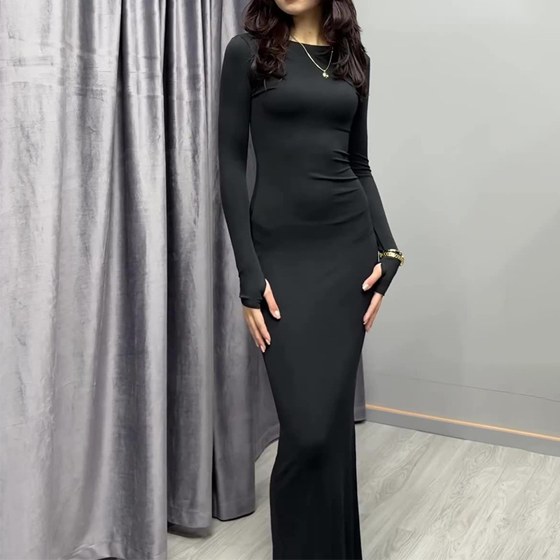 跨境欧美外贸女装2025秋季性感辣妹圆领修身半指袖连衣长裙包臀裙