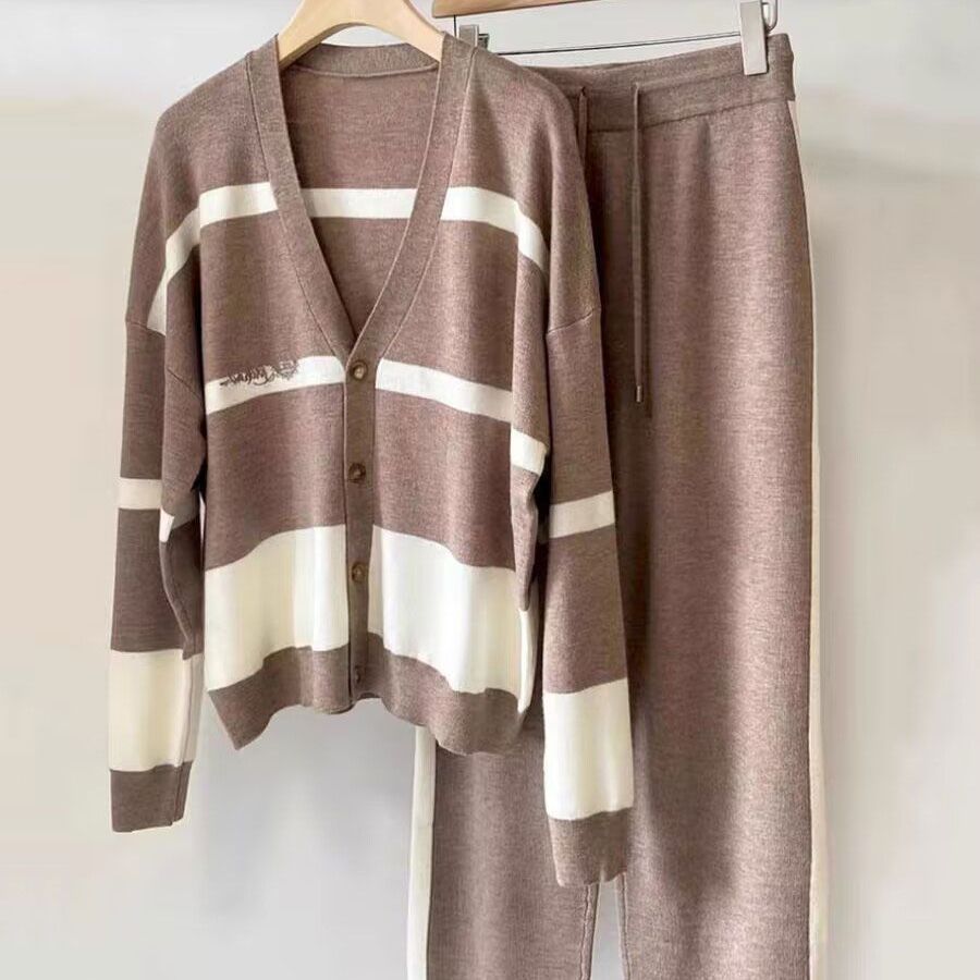 Autumn And Winter Leisure Striped Knitted Cardigan Top Wide Leg Pants Two-piece Suit