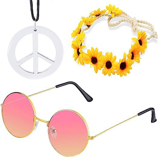 Accesorios de vestir hippies de la década de 1960, diadema de girasol, gafas redondas, conjunto de aretes de collar de talismán de paz