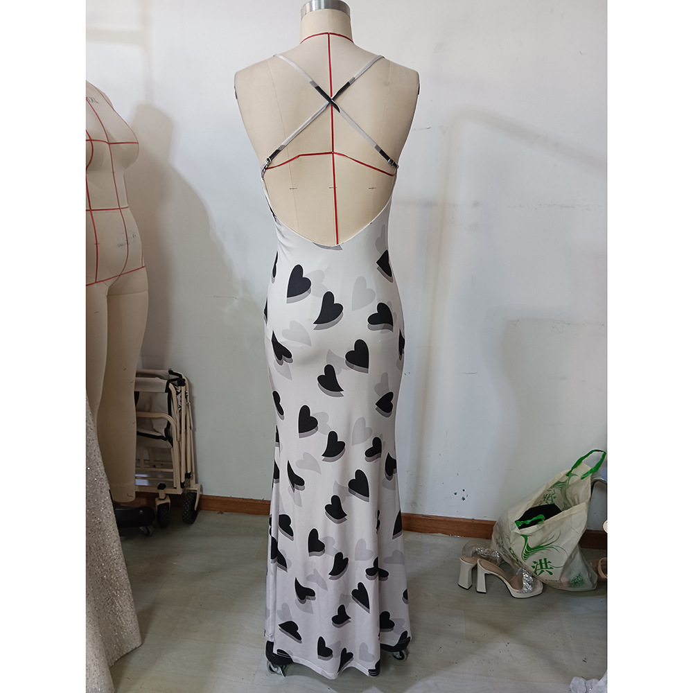 Summer Women Wear Sexy Sling Dress Heart Printing Backless Slim Fit Vacation Dress