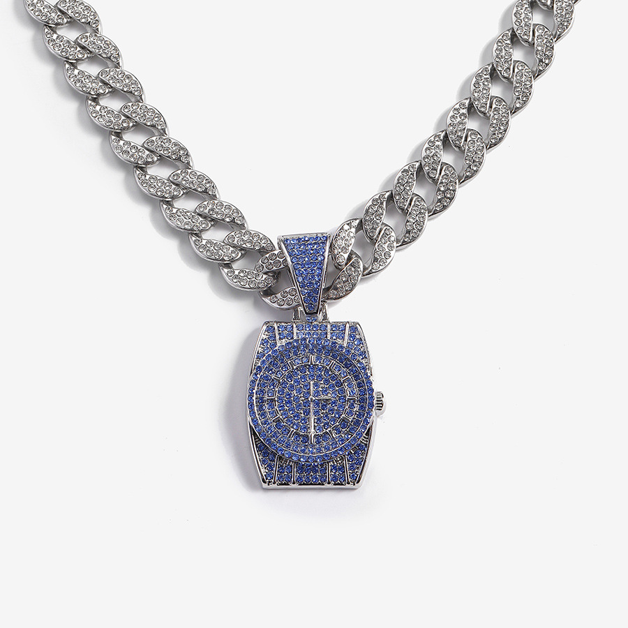 Personalized hip-hop niche blue diamond watch pendant full of diamonds, men's versatile jewelry, Cuban necklace jewelry_voghion.com