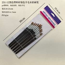 源头现货251-12支黑色木杆染色羊毛水彩画笔套装美术绘画水彩笔刷