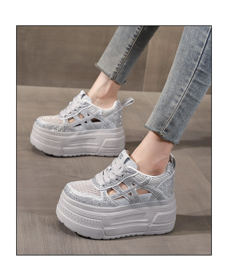 Giày sneaker nữ đế dày tăng chiều cao, phối đá rhinestone, lưới thoáng khí — màu trắng chi tiết 15