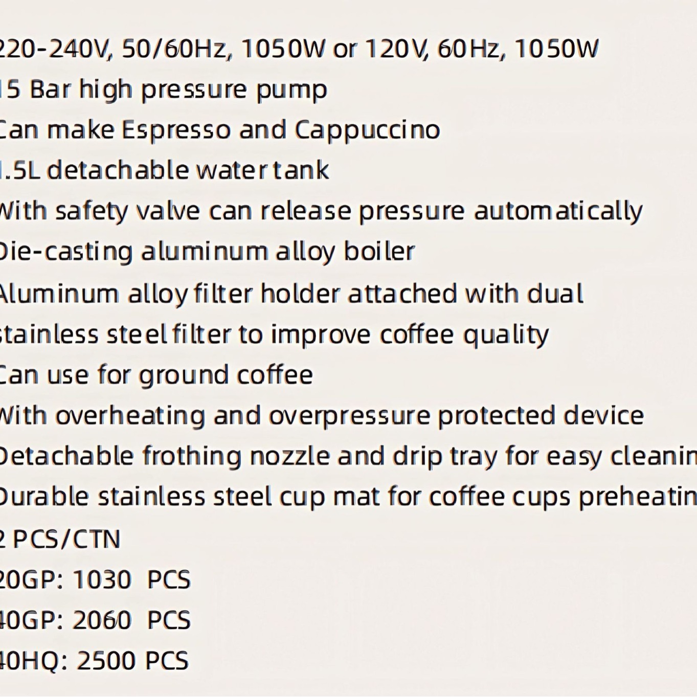 Cafetera de 1050W para uso doméstico, suministro transfronterizo para comercio exterior, pequeña, semiautomática, tipo vapor de alta presión para espumar leche, estilo retro.