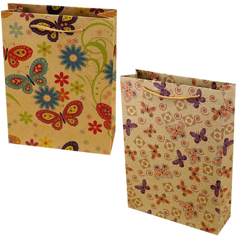 卡通蝴蝶印花牛皮纸袋礼品包装袋节日购物袋服装外卖袋开口手提袋