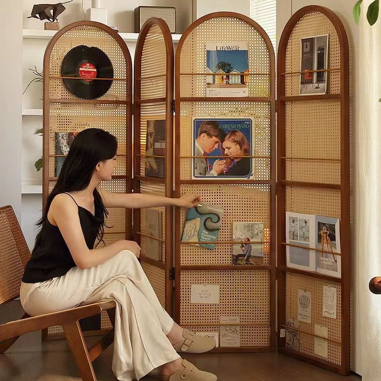 Mid-Retro Mobile Rattan Folding Screen Living Room Bedroom Entrance Entrance Facing the Door French Partition Storage Bookshelf