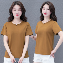 纯棉圆领短袖纯色休闲t恤女夏季中年妈妈装简约百搭打底衫体恤衫