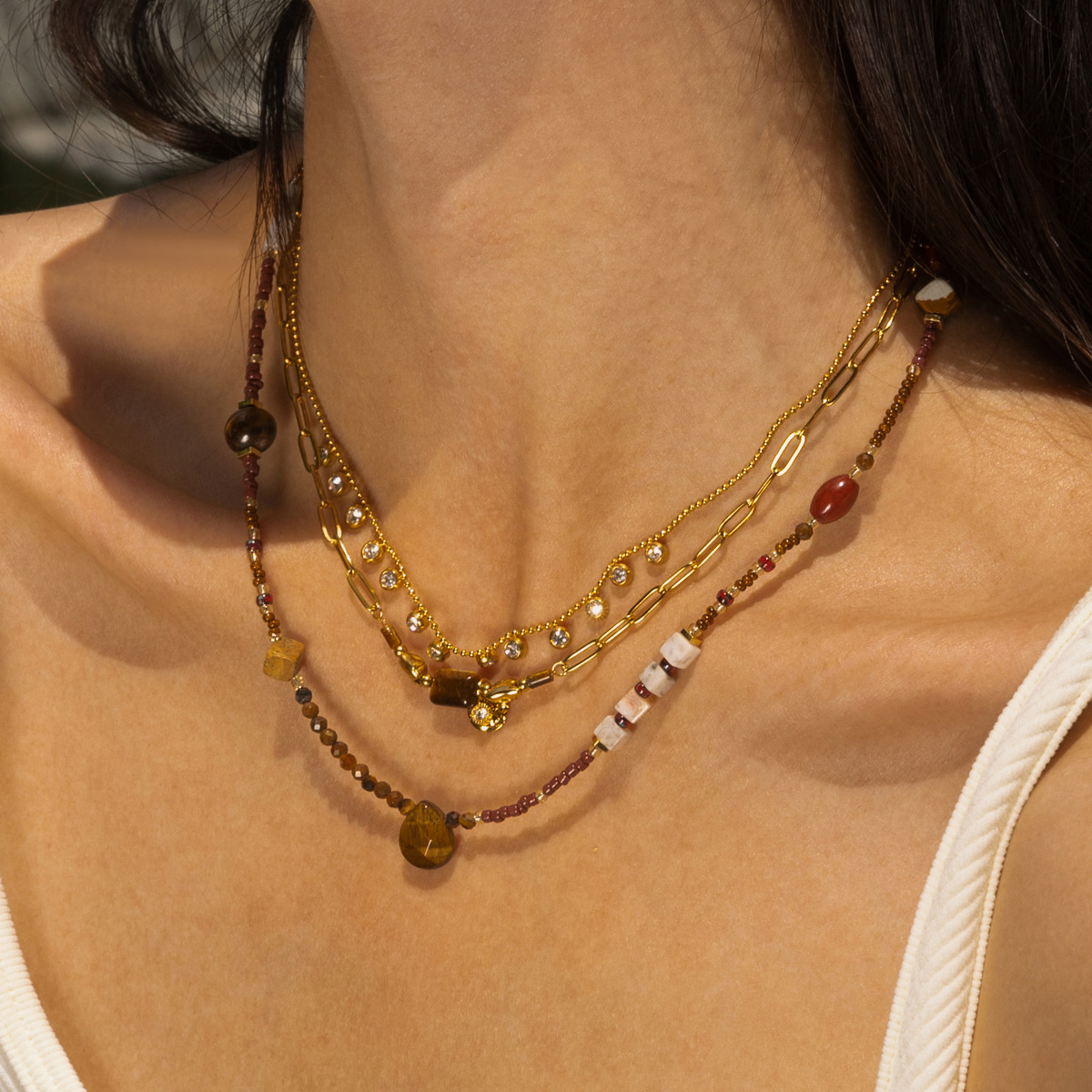 Taena collar de acero inoxidable europeo y americano, lujo ligero, sentido de alta gama, moda para mujer, collar de circón de piedra natural, venta caliente transfronteriza para mujer