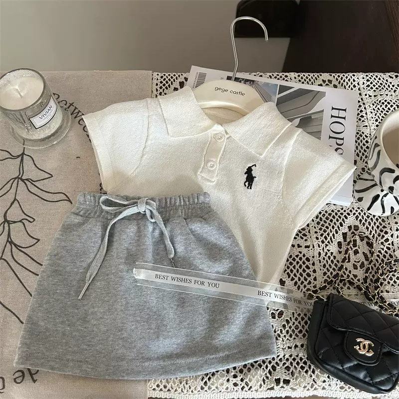 韩版童装2026新款夏季女童针织polo衫短袖T恤百搭灰色裙裤两件套