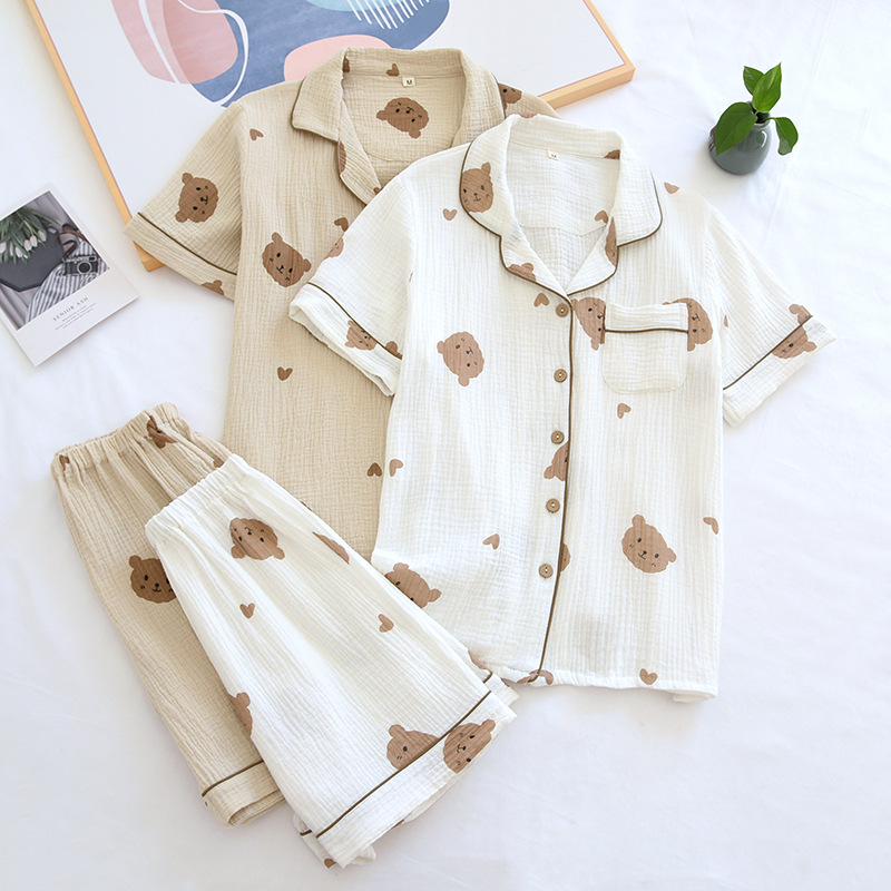 Pure Cotton Spring and Summer Couple's Loungewear, Pure Cotton Gauze Cartoon Top with Collar, Short-Sleeve Shorts Pajamas, Breathable and Comfortable