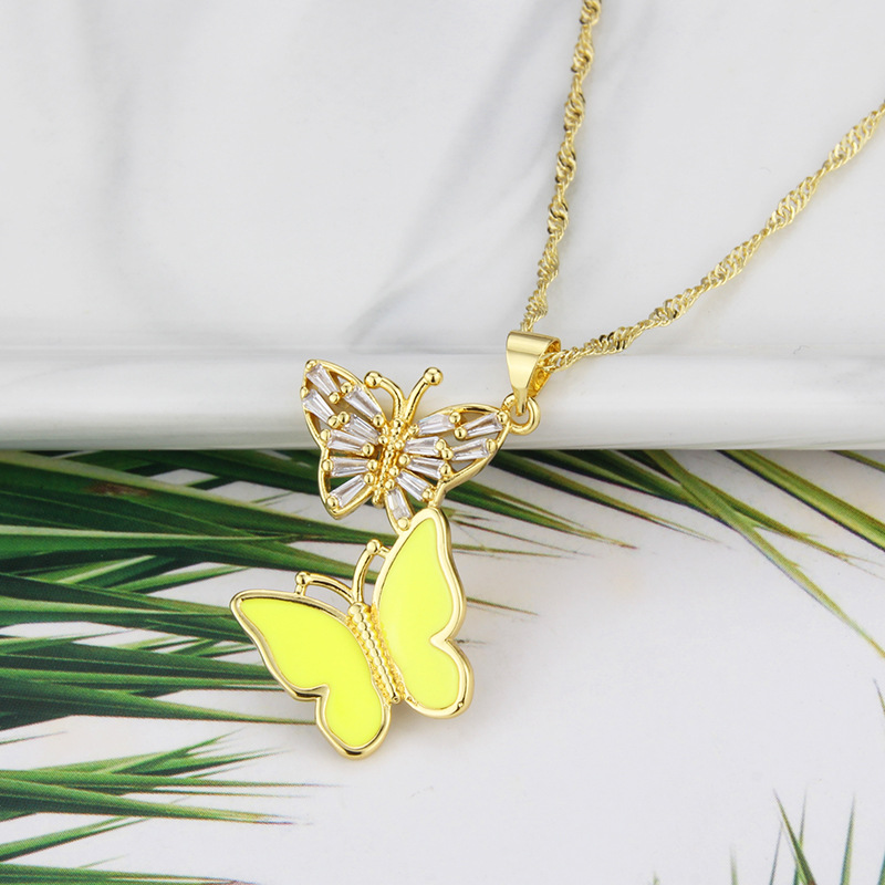 fashion color acrylic copper two butterfly pendant necklace