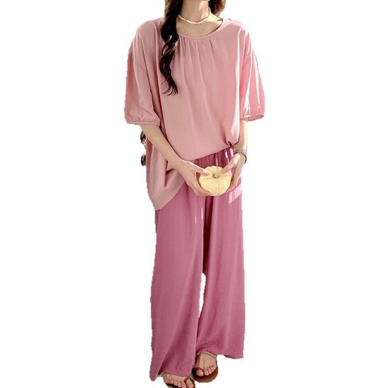 Pajamas Women's Spring and Summer Thin Sweet Fresh Artificial Cotton Short-sleeved Trousers Simple Comfortable Home Clothes Cotton Silk suit