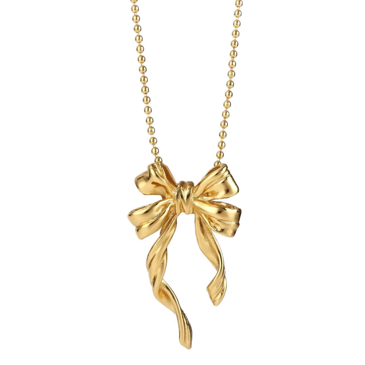 Collier géométrique dynamique à double rangée de nœud papillon pour femme, minimaliste, perles rondes, chaîne ras du cou en alliage plaqué._voghion.com