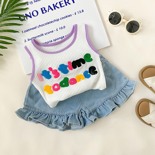  Girls New Summer Children's Korean Style Sleeveless T-shirt Baby Girl Embroidered Elastic Vest 0029