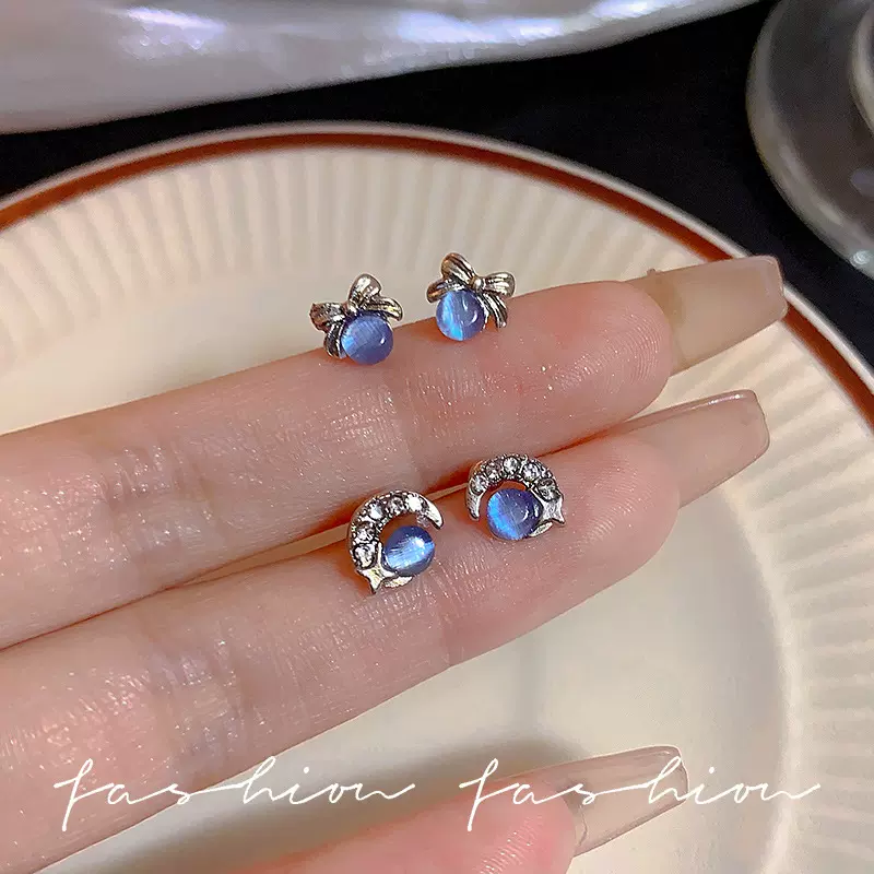 星空系列迷你蓝色锆石耳钉女小众高级百搭简约通勤海蓝宝耳饰女