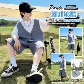 男童夏季套装2026新款大儿童运动休闲洋气假两件短袖西装裤两件套