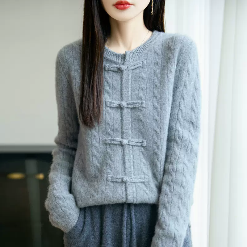 七针加厚100纯羊毛衫女式圆领针织开衫中式复古国风盘扣毛衣外套