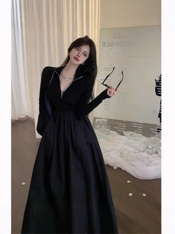欧美小矮个子法式赫本风休闲长袖连衣裙女早秋收腰修身a字裙中长|undefined